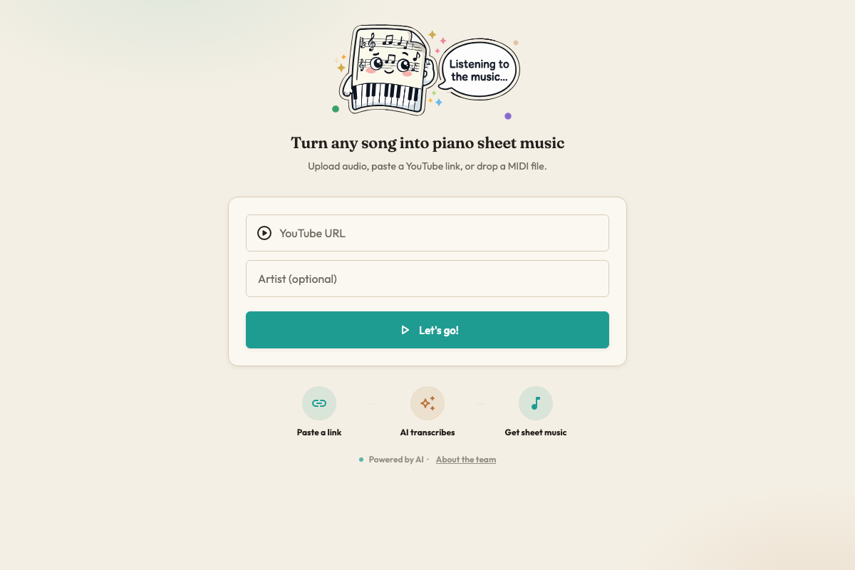 Oh Sheet home screen: paste a YouTube link to get piano sheet music