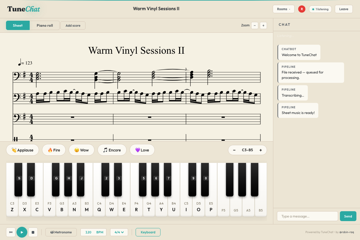 TuneChat room showing engraved sheet music, a chat panel, and a playable piano keyboard with QWERTY key hints